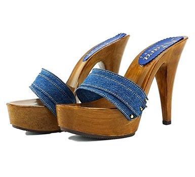 zoccoli con fascia jeans, sandalo elegante zoccoli con fascia jeans, sandalo elegante