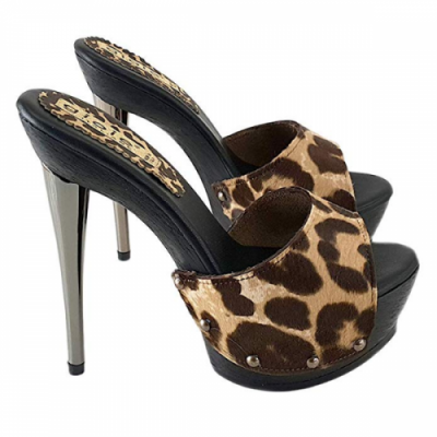 leopard clogs with metallic heel