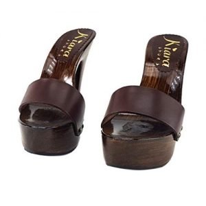 kiara shoes Women's Clogs VERY HIGH Brown Leather Band 13cm high heel