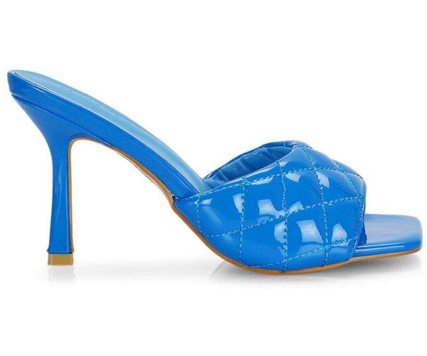 blue glossy quilted sandals